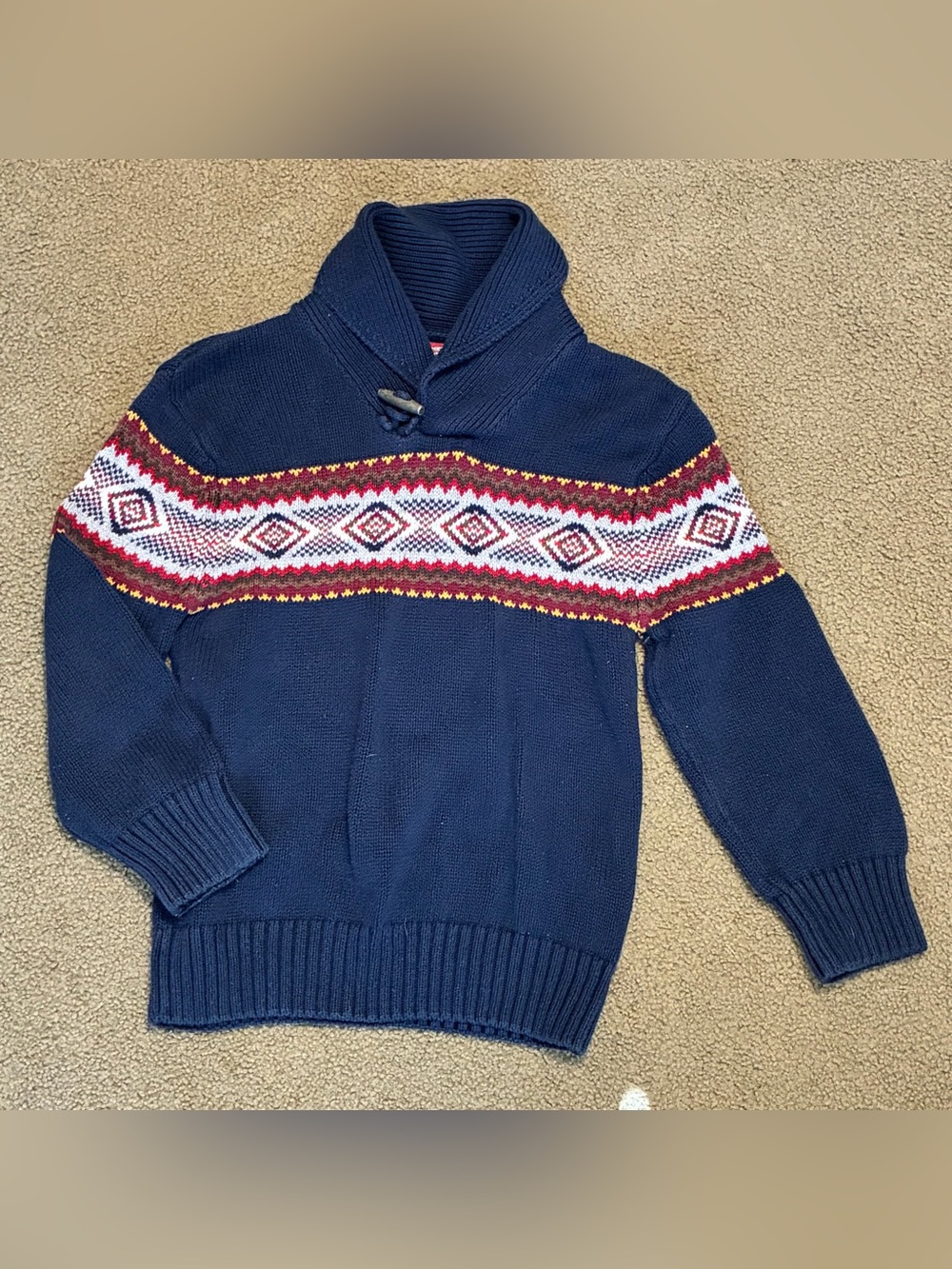 Arizona Jean Company Boys M/8 Navy Shawl Collar Sweater Fair Isle Yoke Cardigan